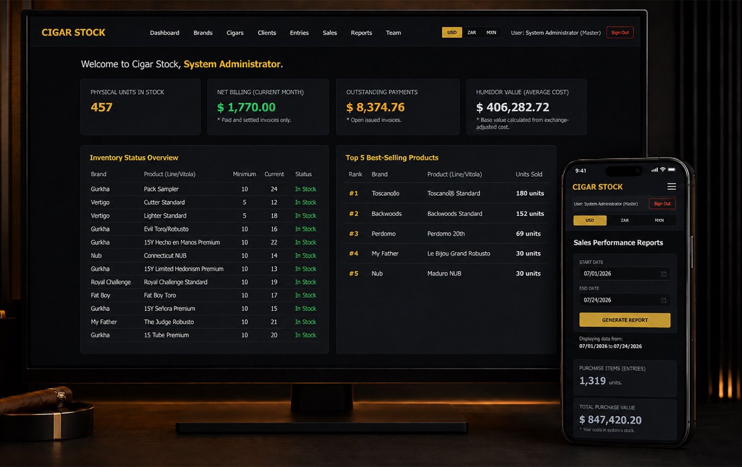 Cigar Stock Management displayed across responsive devices